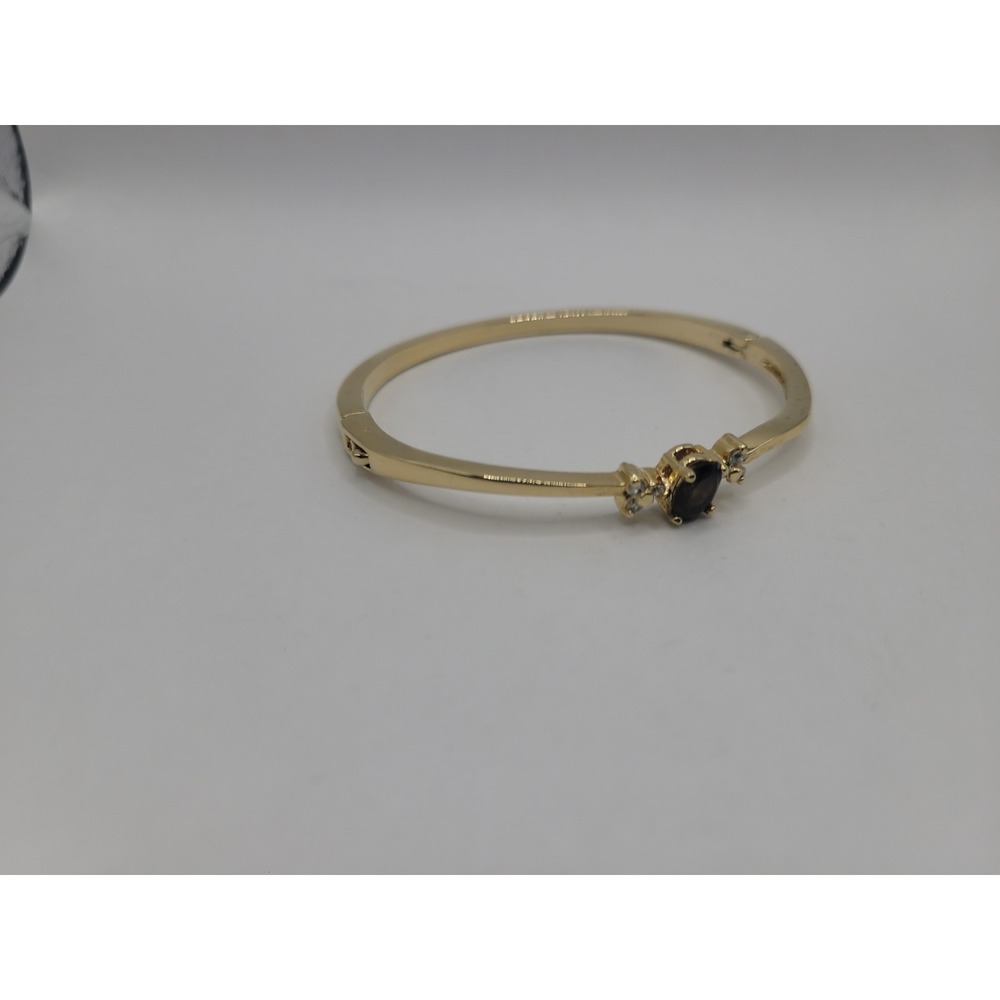 Gold Tone Hinged Bangle Bracelet Brown Oval Clear Rhinestone Accent Vintage Styl